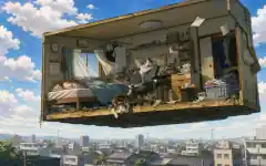 猫ごと部屋を空に飛ばす